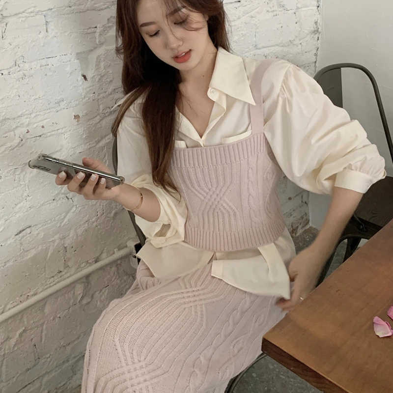 

Women Elegant Knitted 3 Pieces Set Single-Breasted Shirt & Elastic Waist Pencil Skirt & Knitted Sling Female Sweater Set