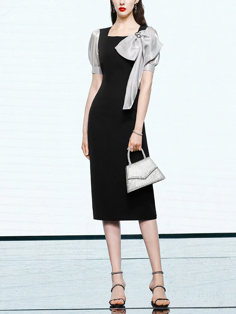 

Summer Vintage Fashion Elegant Puff Sleeve Lace Women's Clothing Female Print Patchwork Office Lady Round Neck White Dress