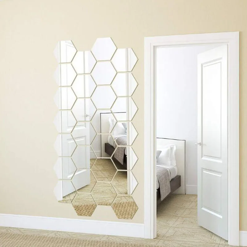 

12pcs Self Adhesive Reflective Hexagon Shape Mirror Wall Stickers Mirrors Espejos Decoration Mural For Bedroom Wall Home Decor