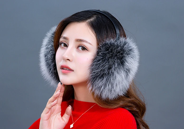 Black With White tip Женские наушники с натуральным лисьим мехом, зимние теплые милые наушники - Color: Black With White tip