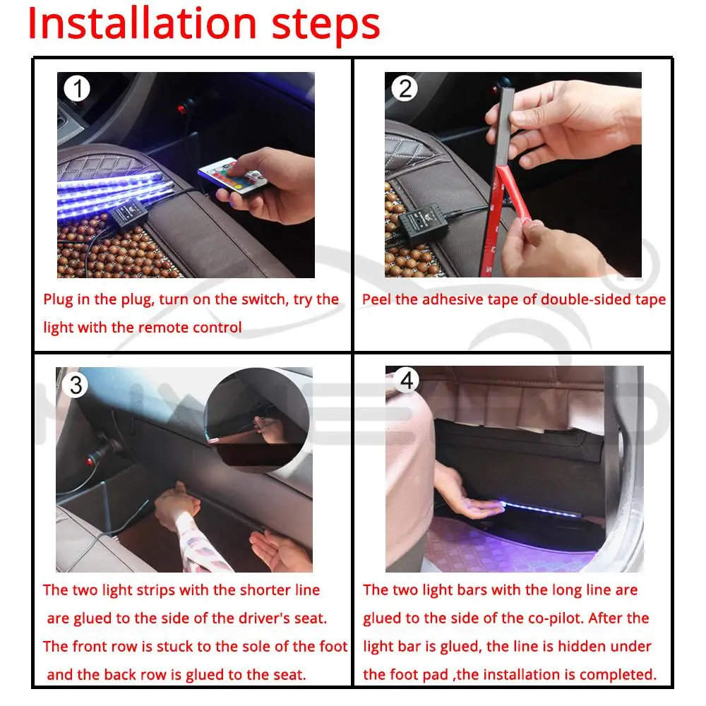 4 шт. Автомобильный светодиодный RGB светодиодный светильник 5050 SMD с автоматическим пультом дистанционного управления, декоративный гибкий светодиодный купольный атмосферный комплект противотуманных фар 12 В постоянного тока