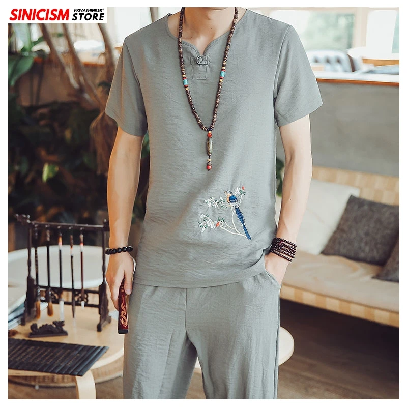 Sinicism Store мужской летний спортивный костюм с вышивкой 2020 мужские льняные шорты