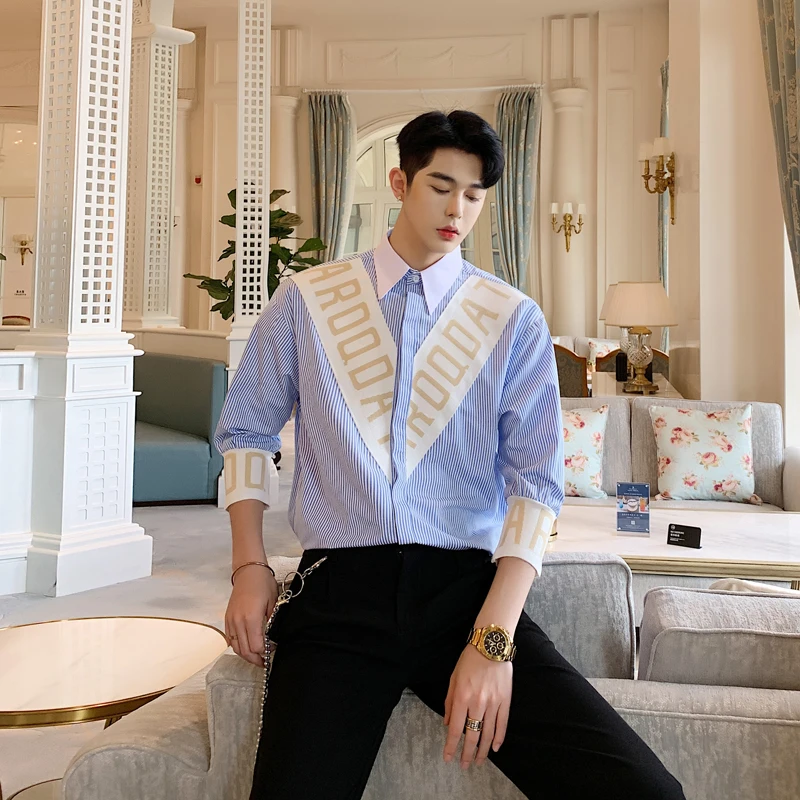 Рубашка мужская повседневная в полоску модная уличная одежда стиле High Street с