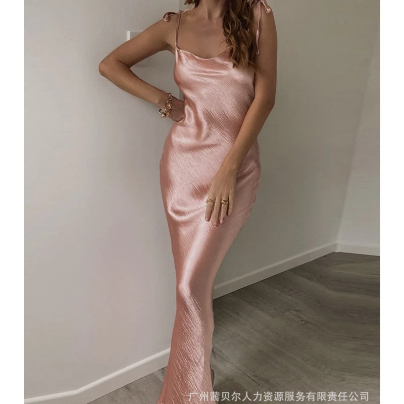 

Wepbel Satin Bodycon Wrap Long Dress Satin Suspender Dress Women Sleeveless High Waist Evening Dresses Low Cut Sheath