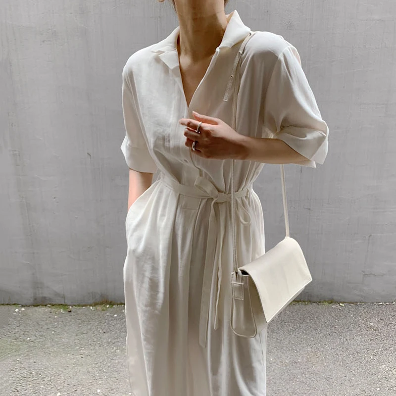 

Plus Size Women Summer Sundress Elegant Long Shirt Dress Lapel Neck Short Sleeve Solid Vestido Casual Loose Work Dresses XC832