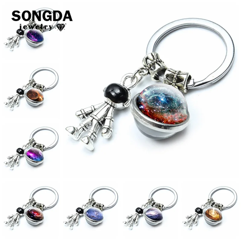 

Solar System Planet Keychain Moon Earth Sun Double Side Glass Ball Keyring Robot Spaceman Metal Pendant Galaxy Nebula Jewelry