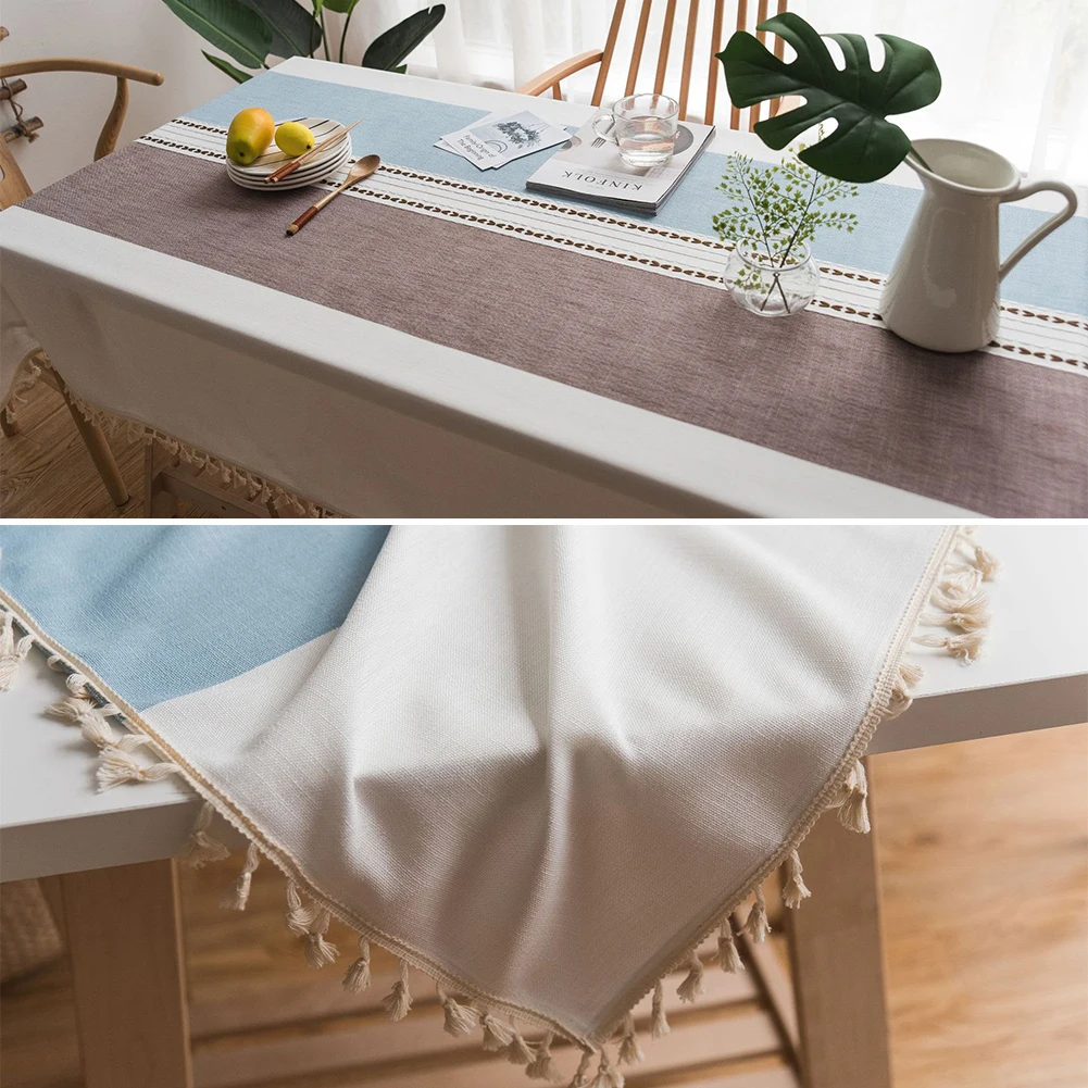Клетчатая декоративная льняная скатерть с кисточками прямоугольная утолщенная