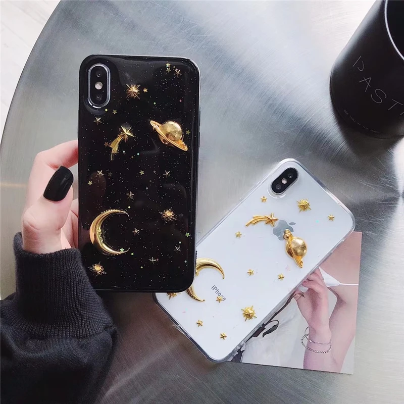 

Clear Bling 3D Moon Stars Phone Case For iPhone 12 11 Pro X XR XS Max 7 8 Plus 6 6s Planet Soft TPU Silicone Cover