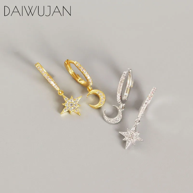 

DAIWUJAN 100% 925 Sterling Silver Earrings INS Moon Star Asymmetrical Punk Zircon Hoop Earrings For Women Female Party Jewelry