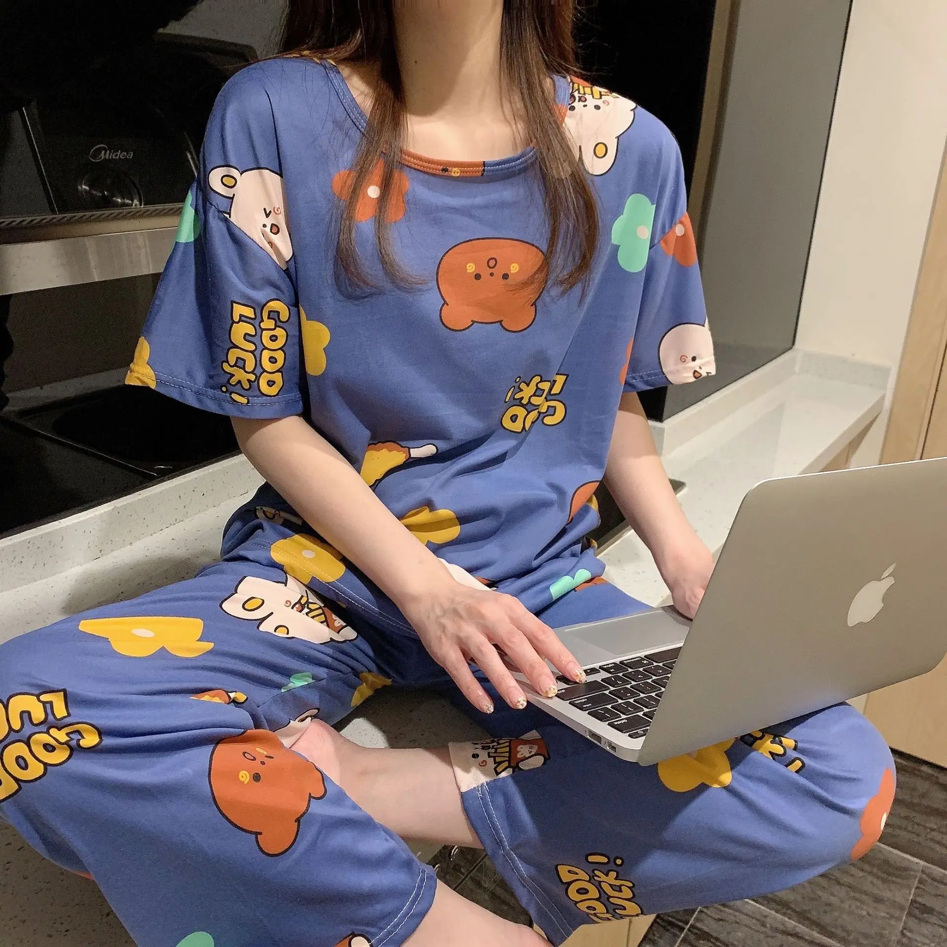 Cartoon Cute Printed Pajamas Set Women 2021 Autumn Spring Short Sleeve Leisure Sleepwear Casual Loose Nightwear Homewear Suit