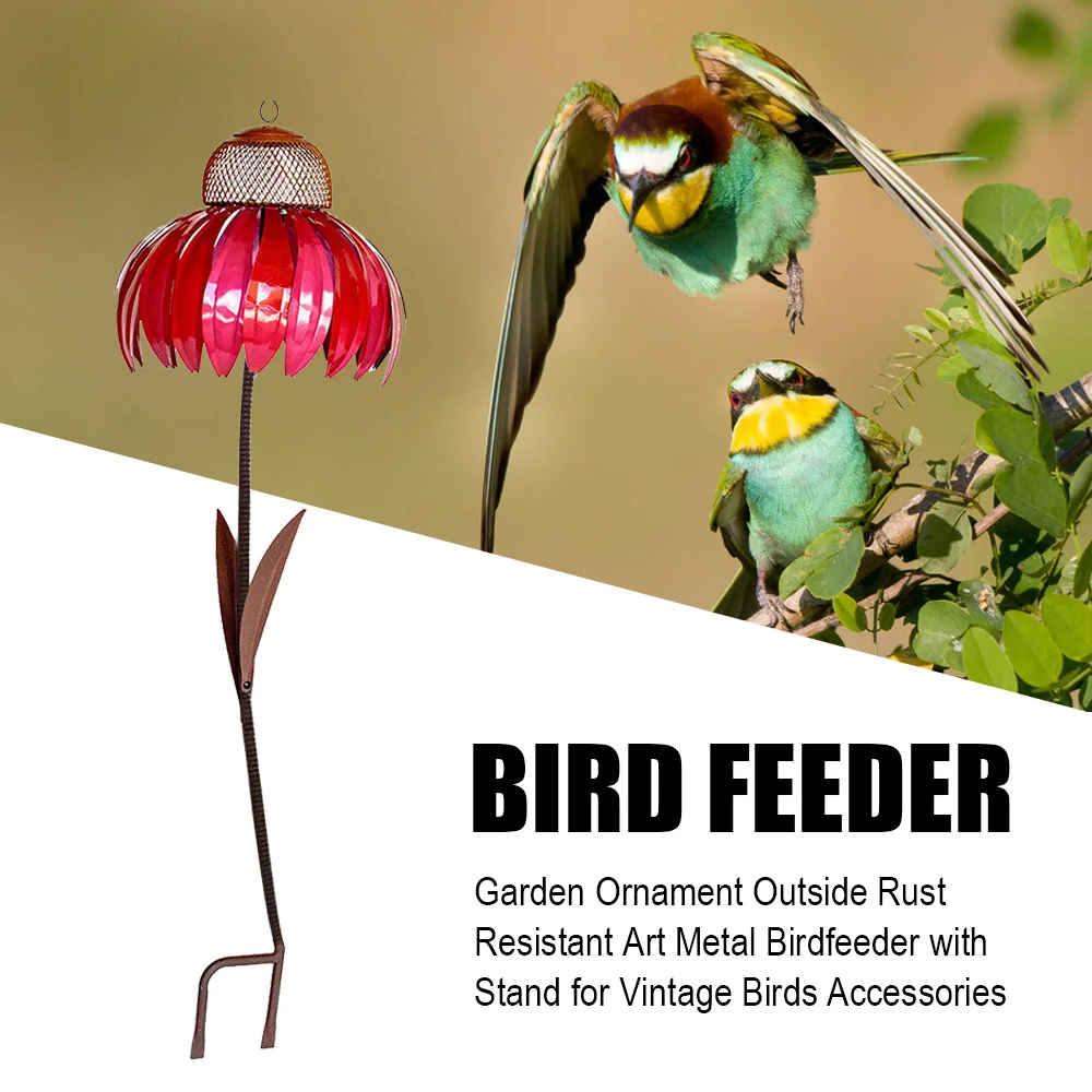 

Coneflower Bird Feeder with Stand Garden Ornament Outside Rust Resistant Art Metal Birdfeeder Birds Accessories
