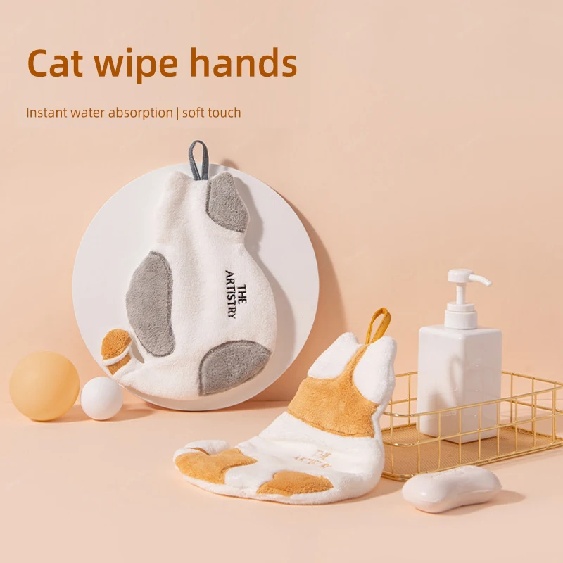 

Towel cute cat hand towel coral velvet square towel home kitchen bathroom children's cartoon hand towel absorbent towel