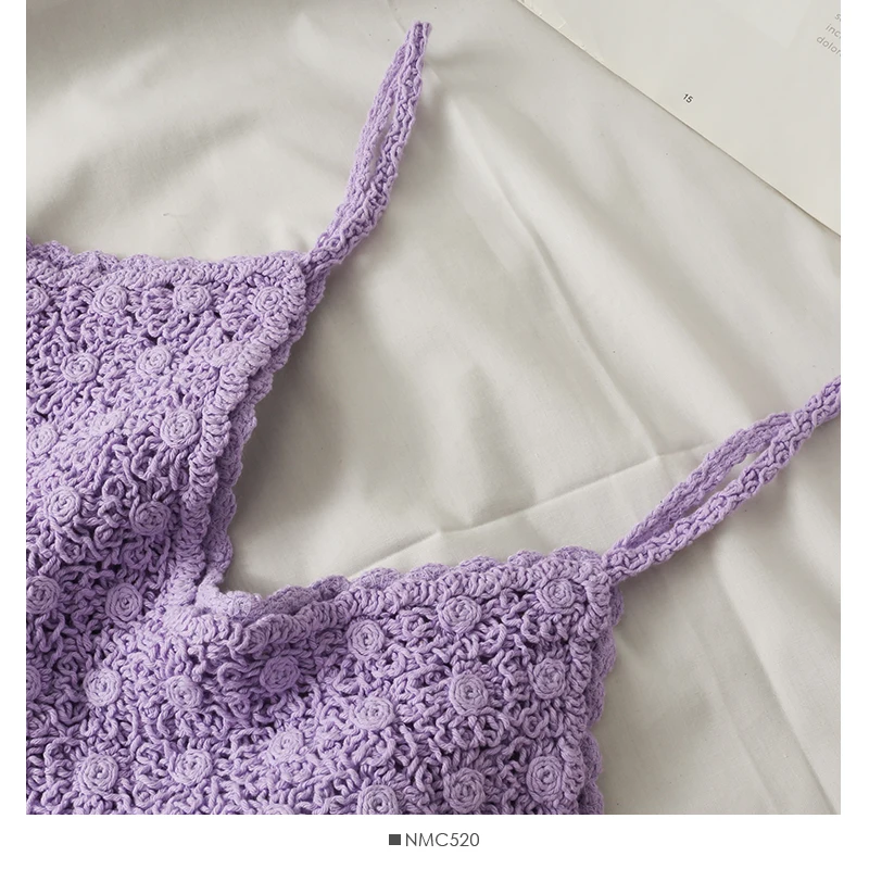 

Women Crochet Cotton Crop Tops Spaghetti Strap Openwork V Neck Sexy Tops Candy Color Beach Sweet Knit Top For Girls