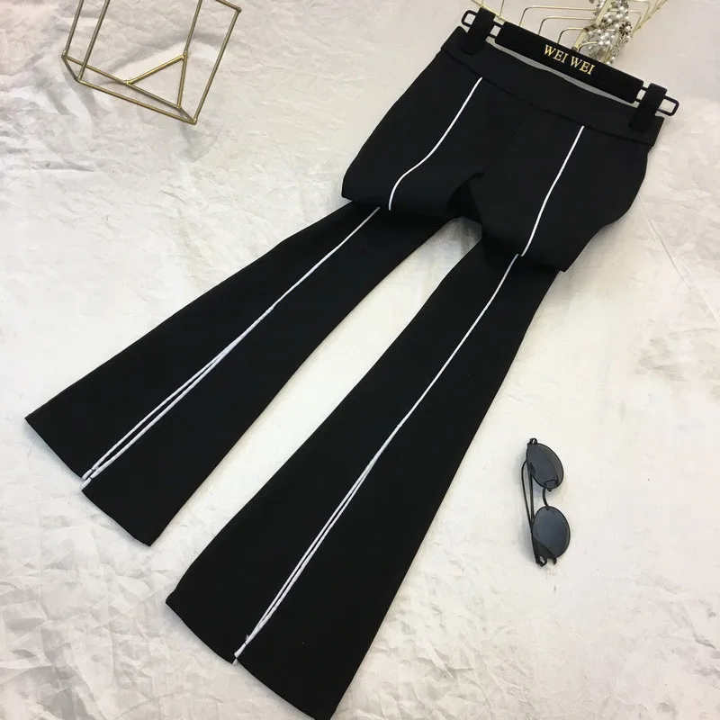 

Fashion streetwear black bell-bottomed pants women formal office Split Slim Flared Trousers plus size Elastic waist Flare pants