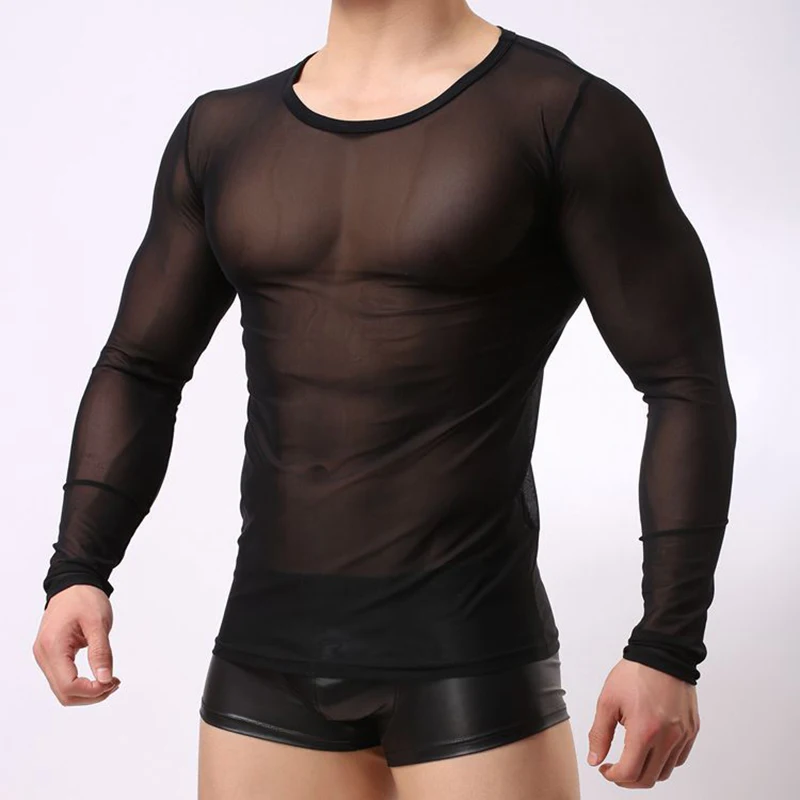 

Sexy Mesh Undershirts Long Sleeve Transparent Sheer Shirts Slip Homme Ultra-thin T Shirts Sports Fitness Gay Top Tee Underwear