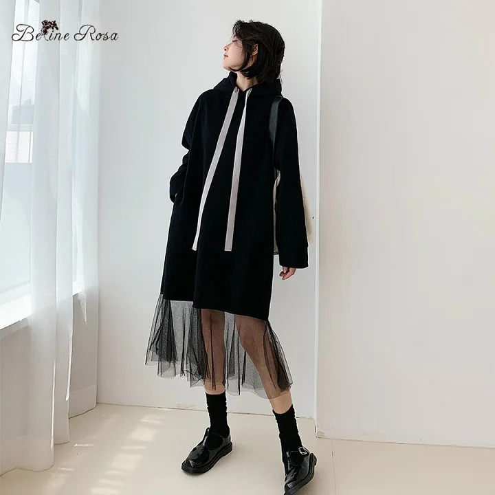 black BelineRosa Плюс Размер Свободные Длинные Женская Одежда Красоты Женская Сетка Хем Дизайн Зимние Толстовки Платье HM000003 - Цвет: black