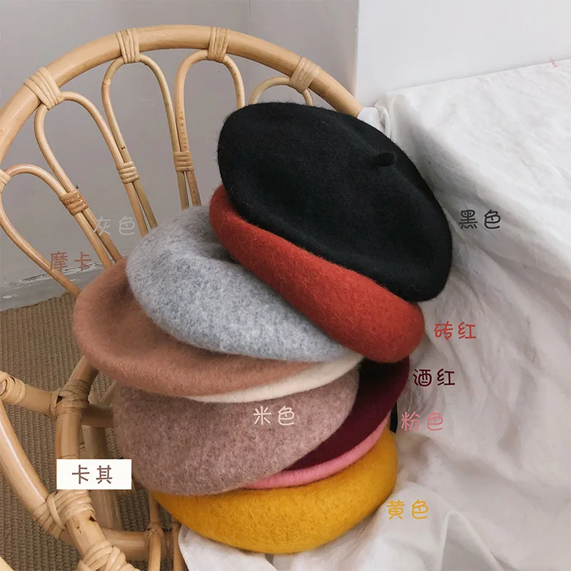 Осенне-зимний модный милый шерстяной берет для девочек От 2 до 6 лет Одноцветные