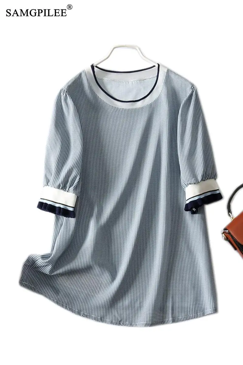 

Summer T-shirts For Women 2021 New Classic Plaid Round Neck Loose Short Sleeve Sunscreen Chiffon Plus Size Office Lady Tshirts