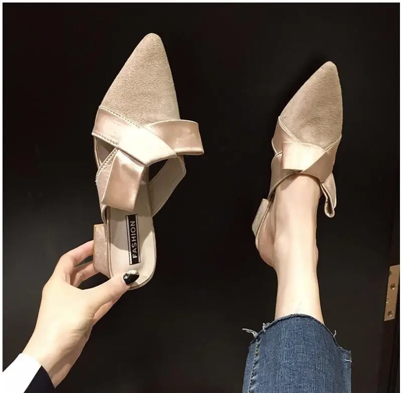 2021 summer new mid-heel bowknot ladies slippers pointed high heels slippers ladies fashion women's shoes