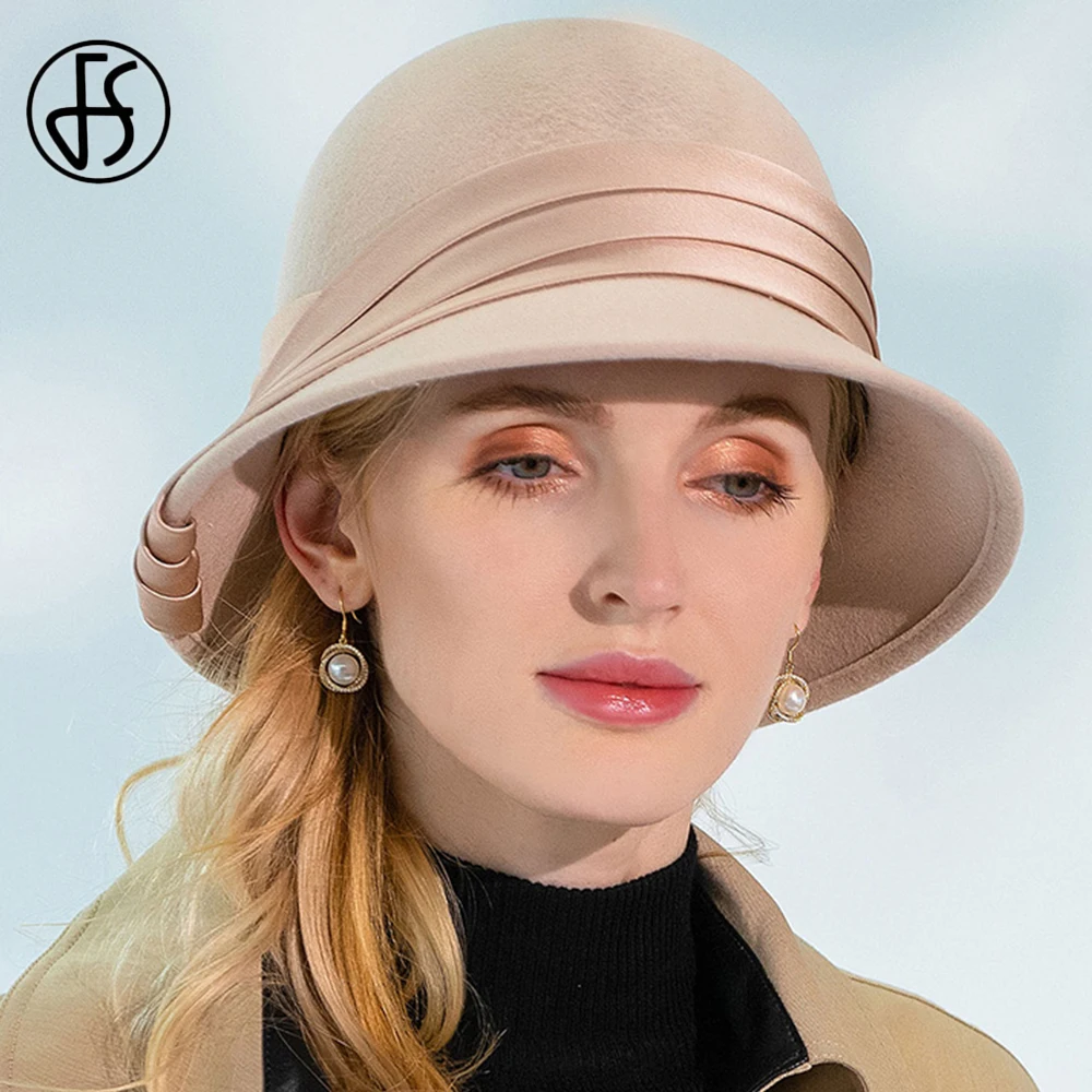 Женская фетровая шляпа-Колокол FS шляпа из верблюжьей шерсти с лентой черного и