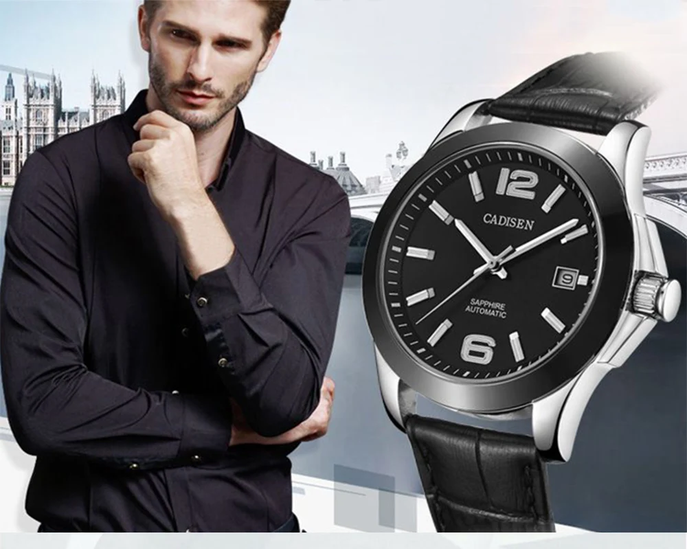 CADISEN C1009 популярные мужские механические часы от ведущего бренда, кожаные военные часы, модные спортивные бизнес-часы, водонепроницаемые мужские часы 5ATM