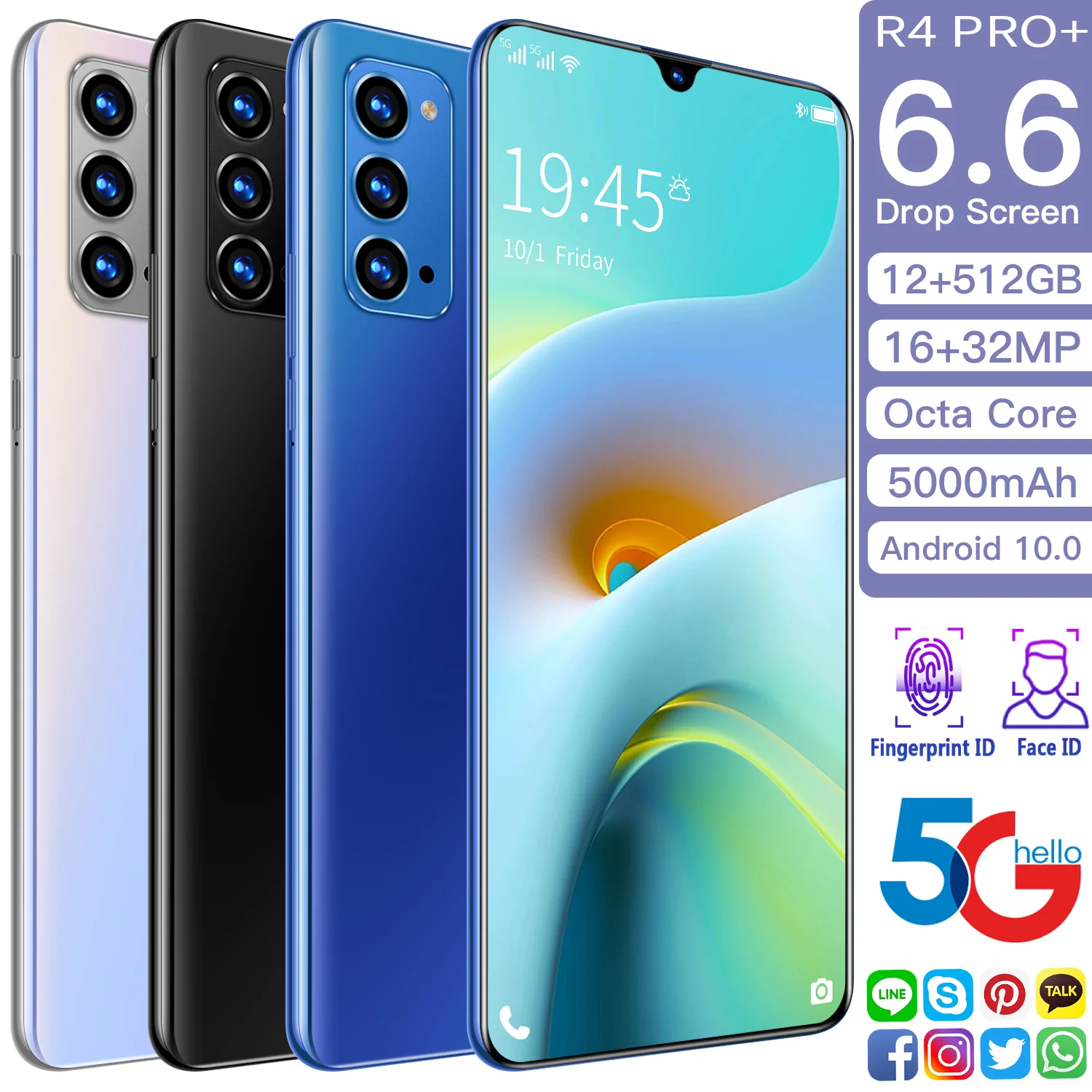 

6.6 Inch R4 Pro+ Snapdragon 865 Mobile Phone 5000mAh Dual Card 32MP Deca Core 12G+512G 2021 Newest Cellphone 5G Network In Stock