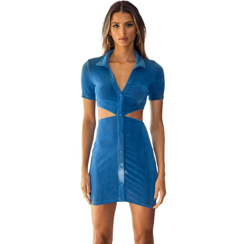 

COIGARSAM Mini Short Sleeve Dress Summer Bodycon Women Button Up Sexy Waist Cut Out Slim Elegant Vintage Short Party Dresses