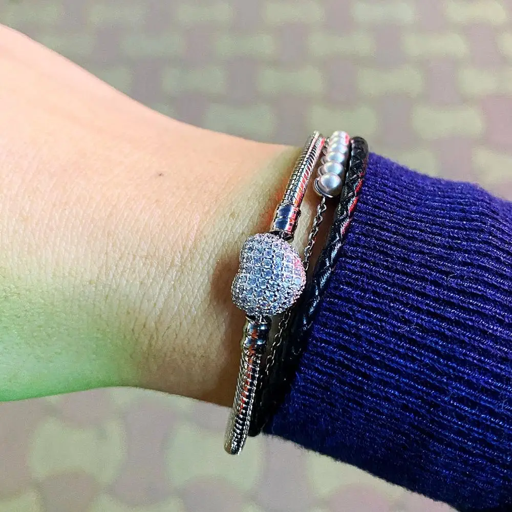 

2021 NEW Original 925 Sterling Silver Snake Chain Bracelet Secure Heart Clasp Beads Charms Bracelet For Women DIY Jewelry Making