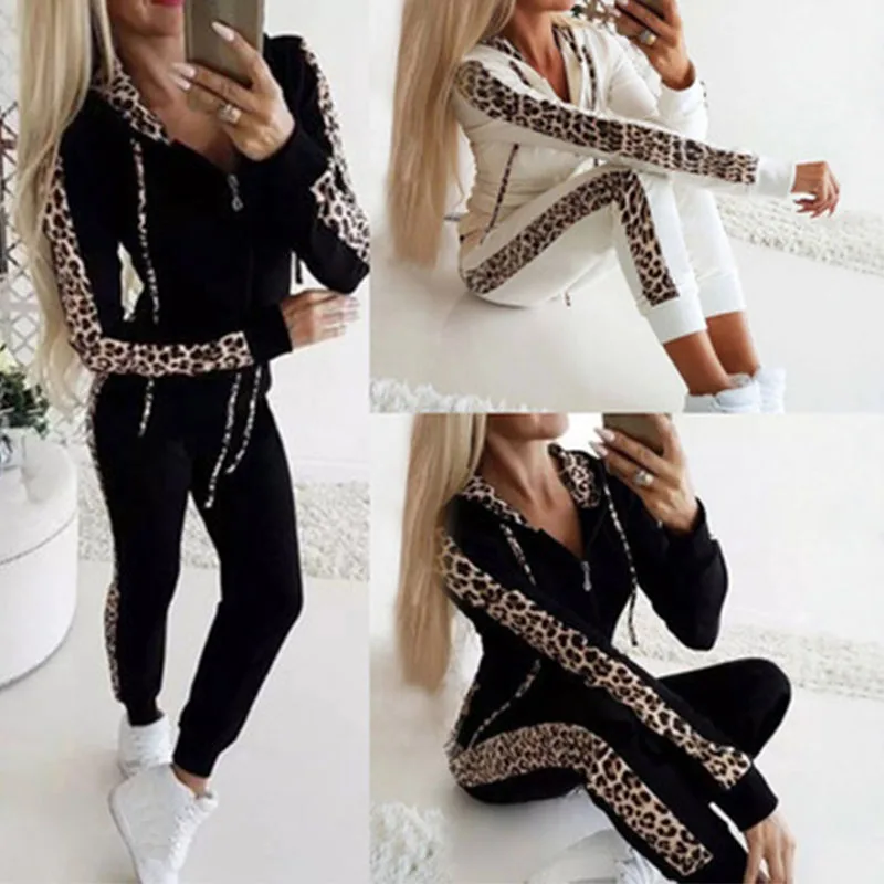 New Autumn Winter 2 Piece Set Woman Hoodie Pants Tracksuit Leopard Slim Fit Sportwear Casual Female Zipper Jogging Ladies Suit
