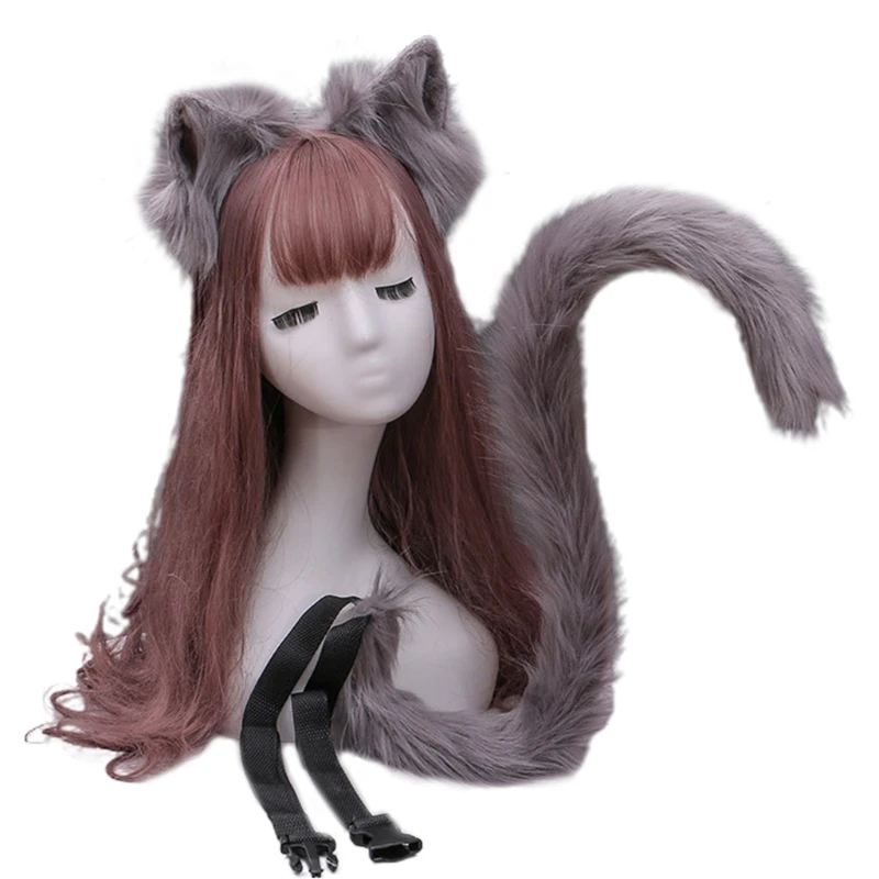 

Simulation Plush Kitten Ears Headband with Furry Tail Set Animal Cosplay Costume 649C