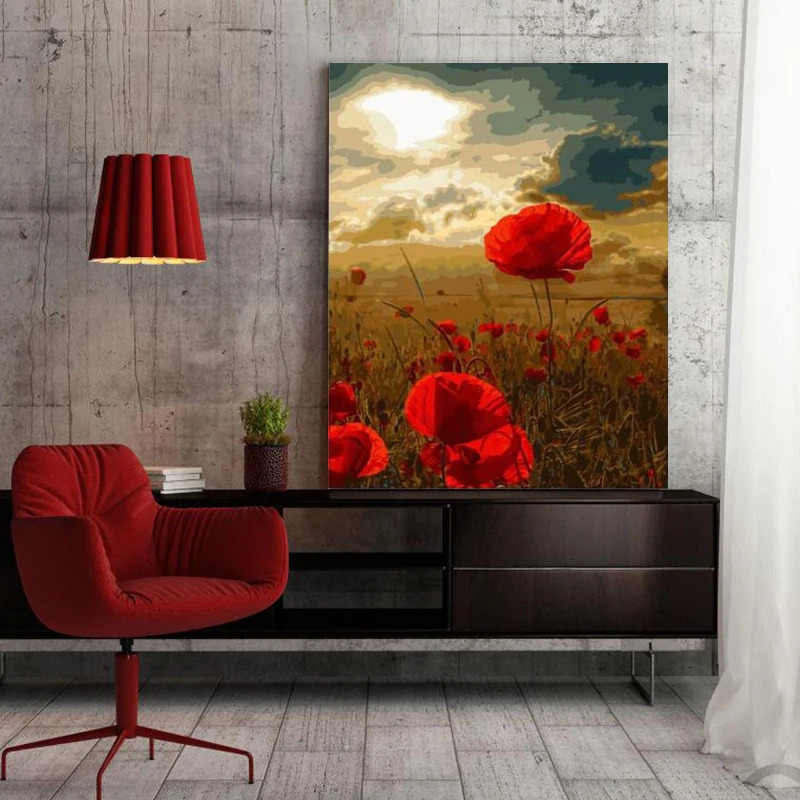 Картина с красными цветами по номерам красная Поппи закат Трава Пейзаж ручной