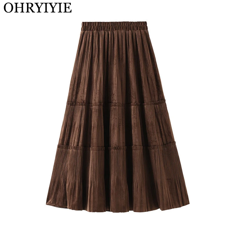 Однотонная женская винтажная длинная бархатная плиссированная юбка OHRYIYIE осенне