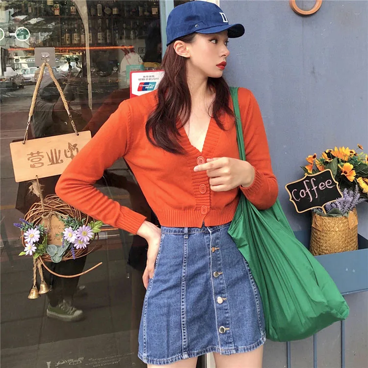 

sweet v-neck full cardigan high quality crop top Sweaters Women's Clothing fashion Spring autumn Trend temperament ladies tops