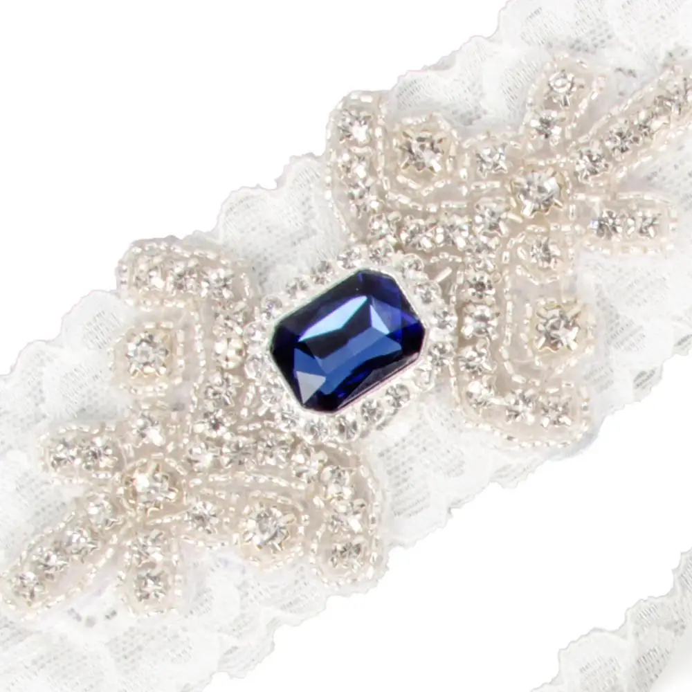 

Wedding Bridal Garter Set Somthing Blue Crystal Rhinestone Ribbon Bow White Lace Toss Garter Set