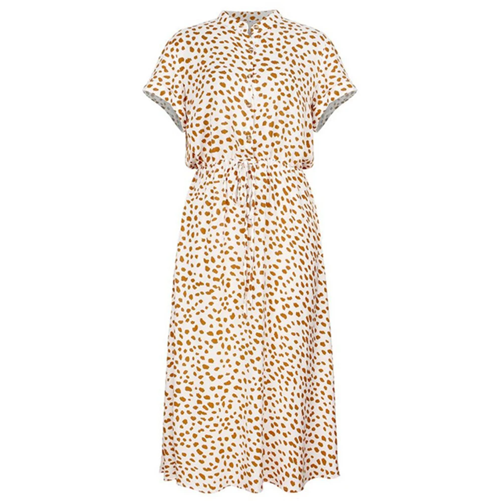 

Ladies Bohemian Leopard Print Shirt Dress Women Summer Casual Button Midi Holiday Female Loose Beach Short Sleeve Dress Vestidos