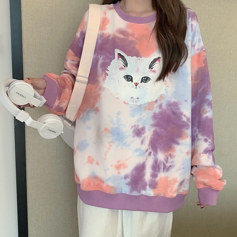 

Tie Dye Print Sweatshirts Women Oversized Causal Y2k Streetwear Long Sleeve O-Neck Cartoon Loose All-Match Pullover Fall 2021