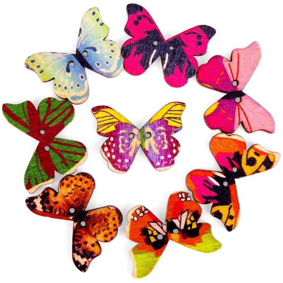 100 шт. деревянные пуговицы бабочки разноцветные в форме подходят для шитья и