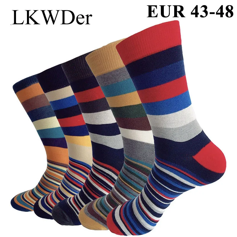 

LKWDer 5 Pairs Men's Socks Enlarged Size EUR 43-48 Long Tube Stripe Cotton Thicker Stink Proof High Waist Male Happy Socks Meias