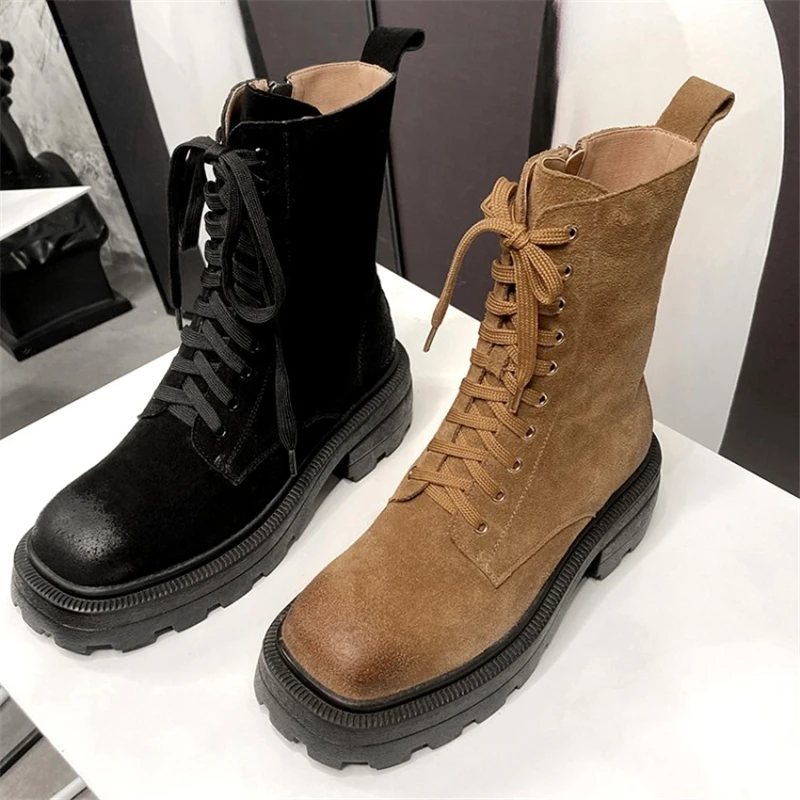 spesifikasi Sepatu Bot Motor Suede Sapi Wanita Berenda Sepatu Bot Hak Tinggi Tebal Sepatu Ujung Persegi Ritsleting Gotik Seksi Simpul Silang Kulit Asli