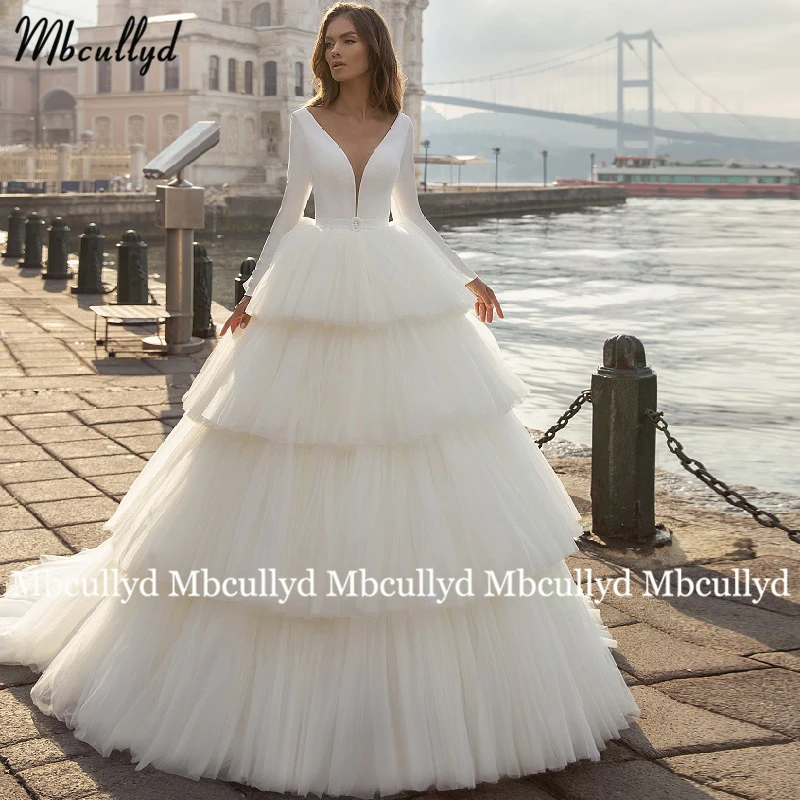 Mbcullyd New Luxury Ball Gown Wedding Dress 2020 Long Tulle Sashes Court Train V Neck Bridal Dresses with Tiered Skirt Custom