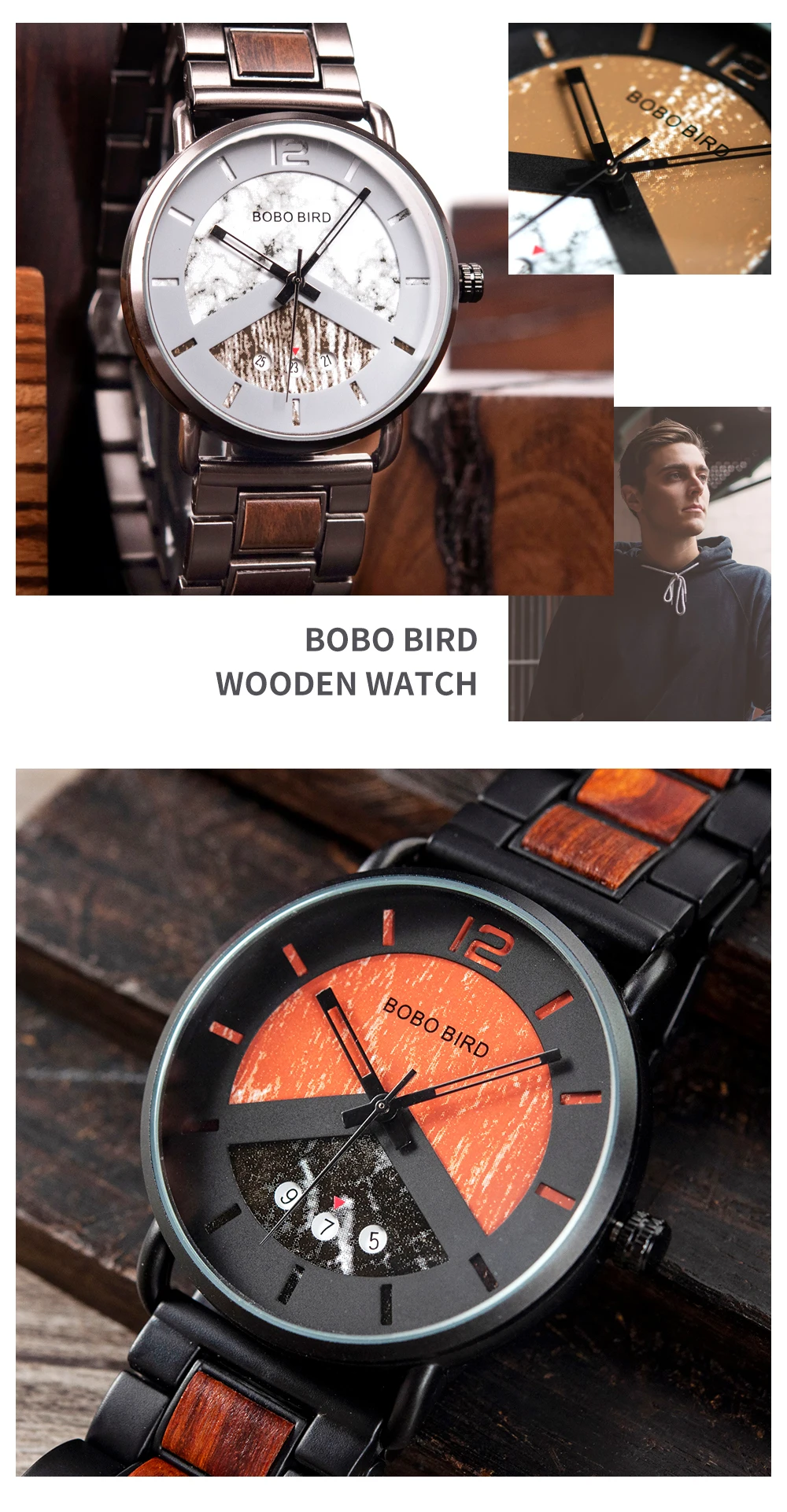 BOBO BIRD Wood relogio masculino, металлические часы, военные часы, цветной циферблат, стильный дисплей даты, erkek kol saati