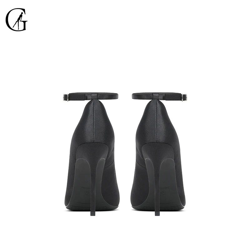 GOXEOU Women's Pumps Satin Ankle Strap Black Pointed Toe High Heels Party Sexy Nightclub Fashion Office Lady Shoes Size 32-46