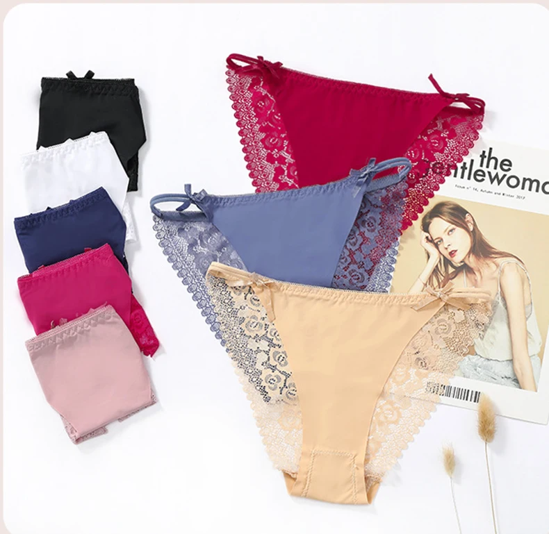 

Underwear Women Sexy Lace Briefs Bow Thong European American Style Hollow Low-waist Pure Cotton Women's Breathable Plus Size