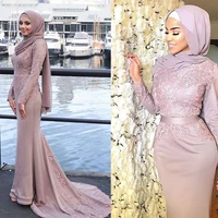 muslim mermaid formal evening dress appliques lace dusty pink satin long sleeves prom party gowns sweep train for women