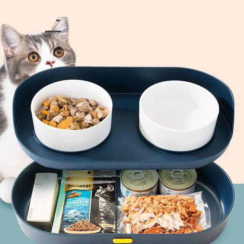 

Pet Cat Ceramic Bowls Dog Food Water Feeder Leakproof Design and Double Layers with Storage Drawer