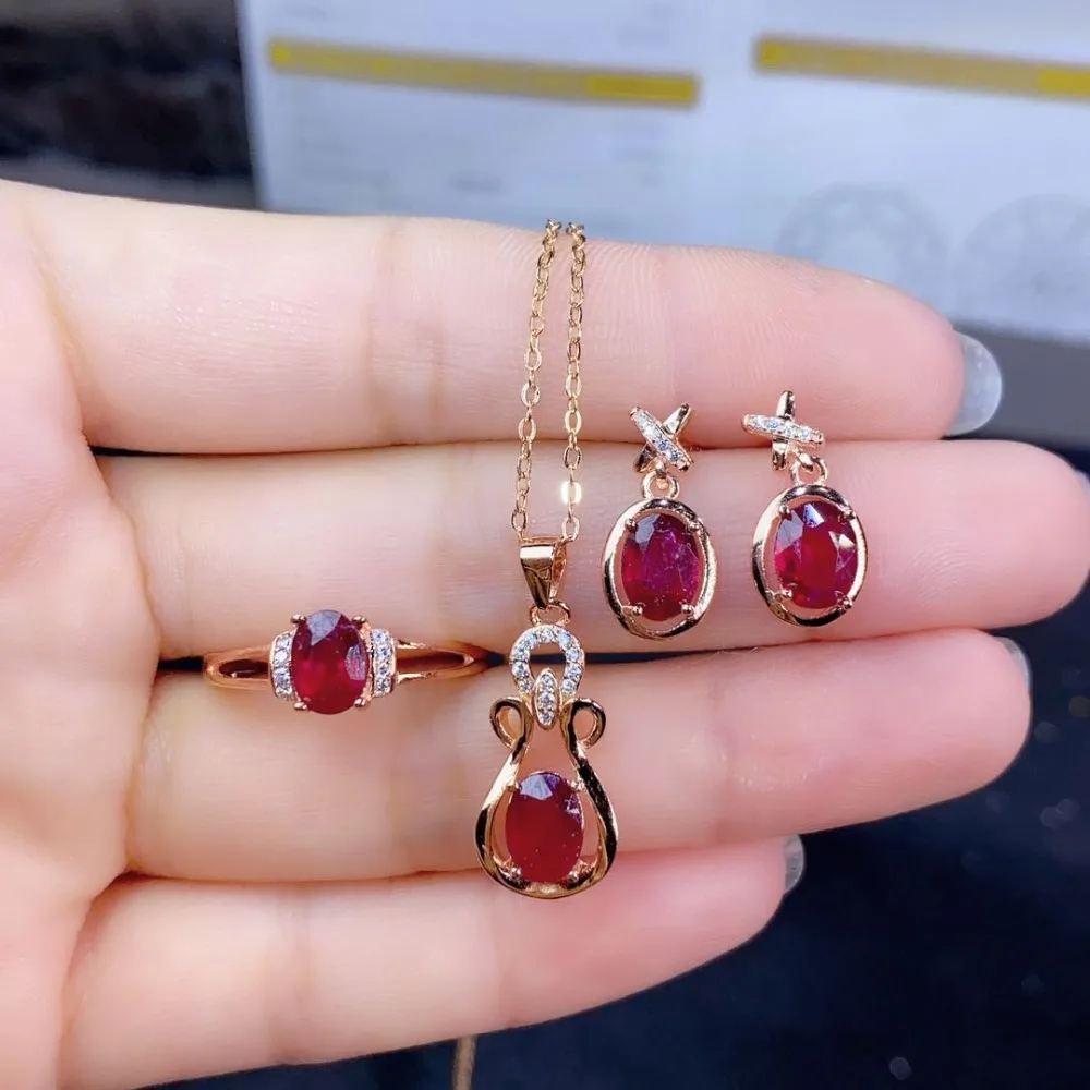 

Fine Jewelry 925 Pure Silver Chinese Style Natural Ruby Women's Luxury Classic Oval Gem Pendant Ring Earring Set Support Detecti