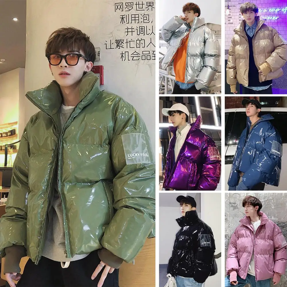 

NEW Winter collar loose bright leather fabric jacket wind thick warm coat men women couple purple cotton clothing