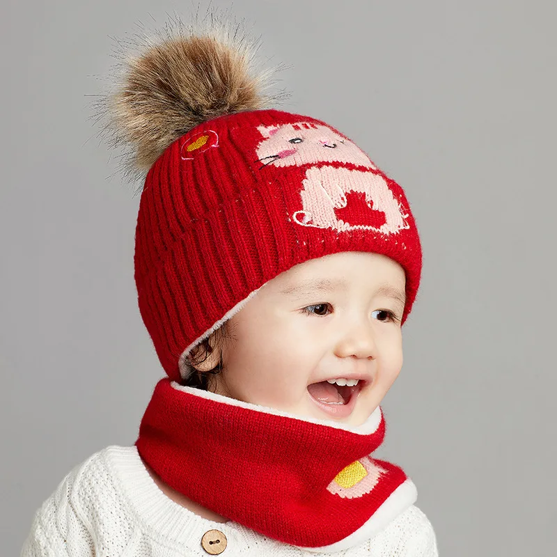 

Amazon New Cartoon Children Winter Knitting Hat Collar two-piece 2 Baby Hair Bulb Warm Hat 1
