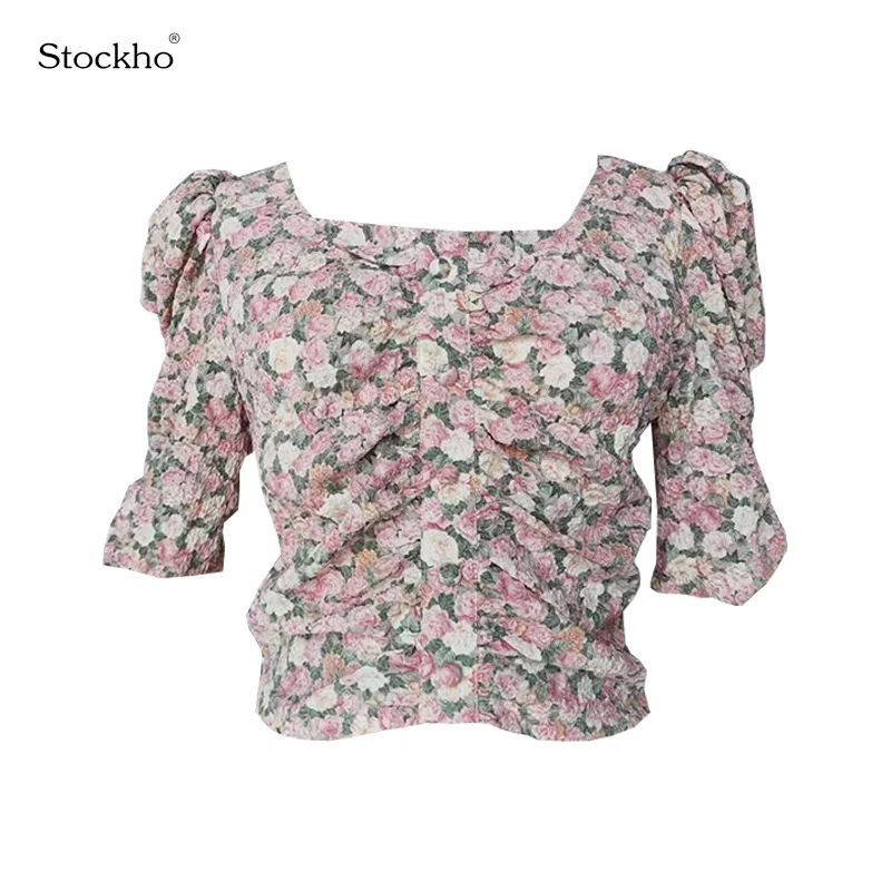 

Women's Shirt 2021 Summer Fashion Chiffon T-Shirt Stretch Slim Women's Short Sleeve Square Neck Bubble Sleeve Top One Size Short