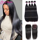 Анжи королева прямые волосы пряди с закрытием кружева (4 + 1) бразильские волосы 100% пряди человеческих волос для Волосы Remy локоны 4 пряди с закрытием